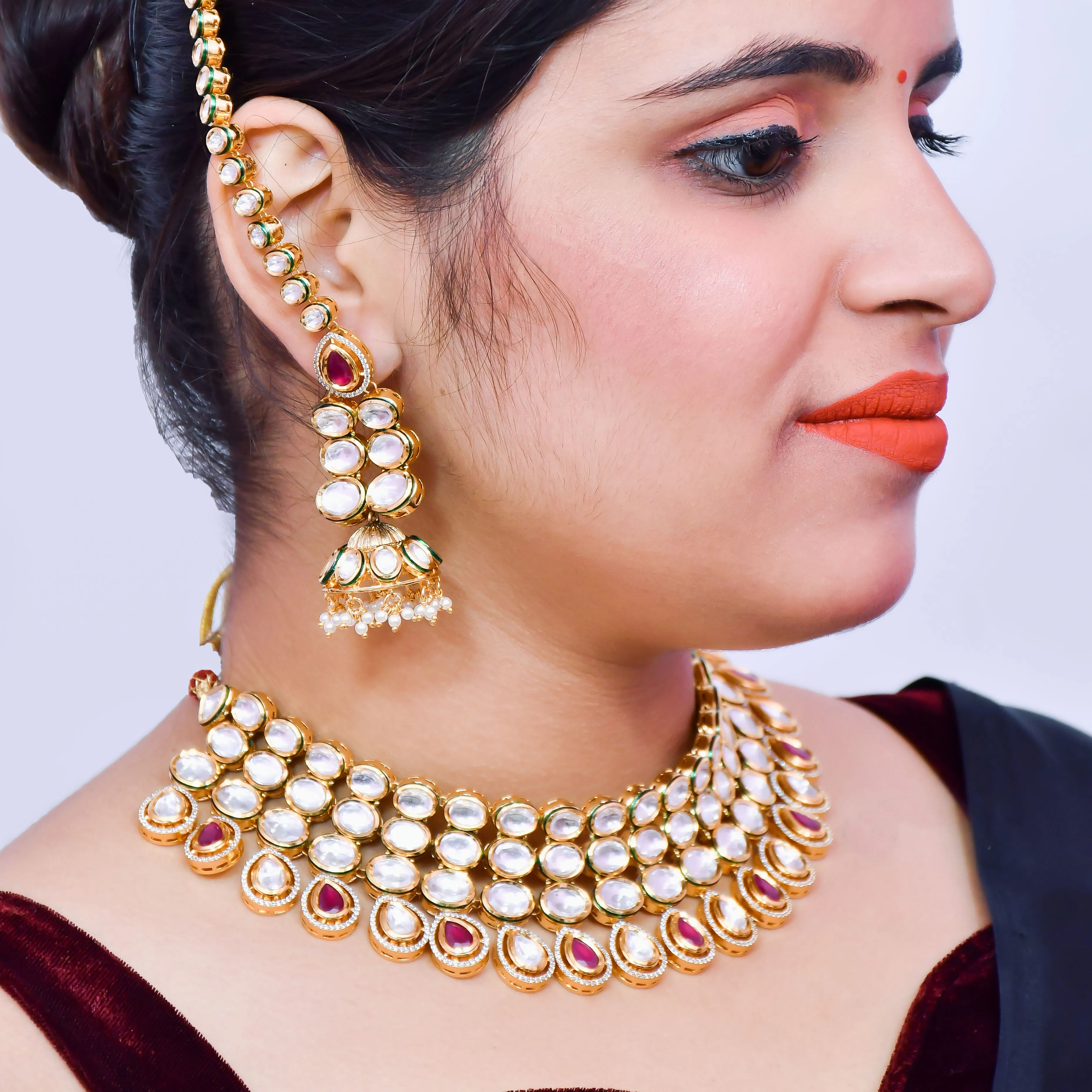 Designer Gold Plated Royal Kundan Ruby Necklace With Mang Tikka (D570)