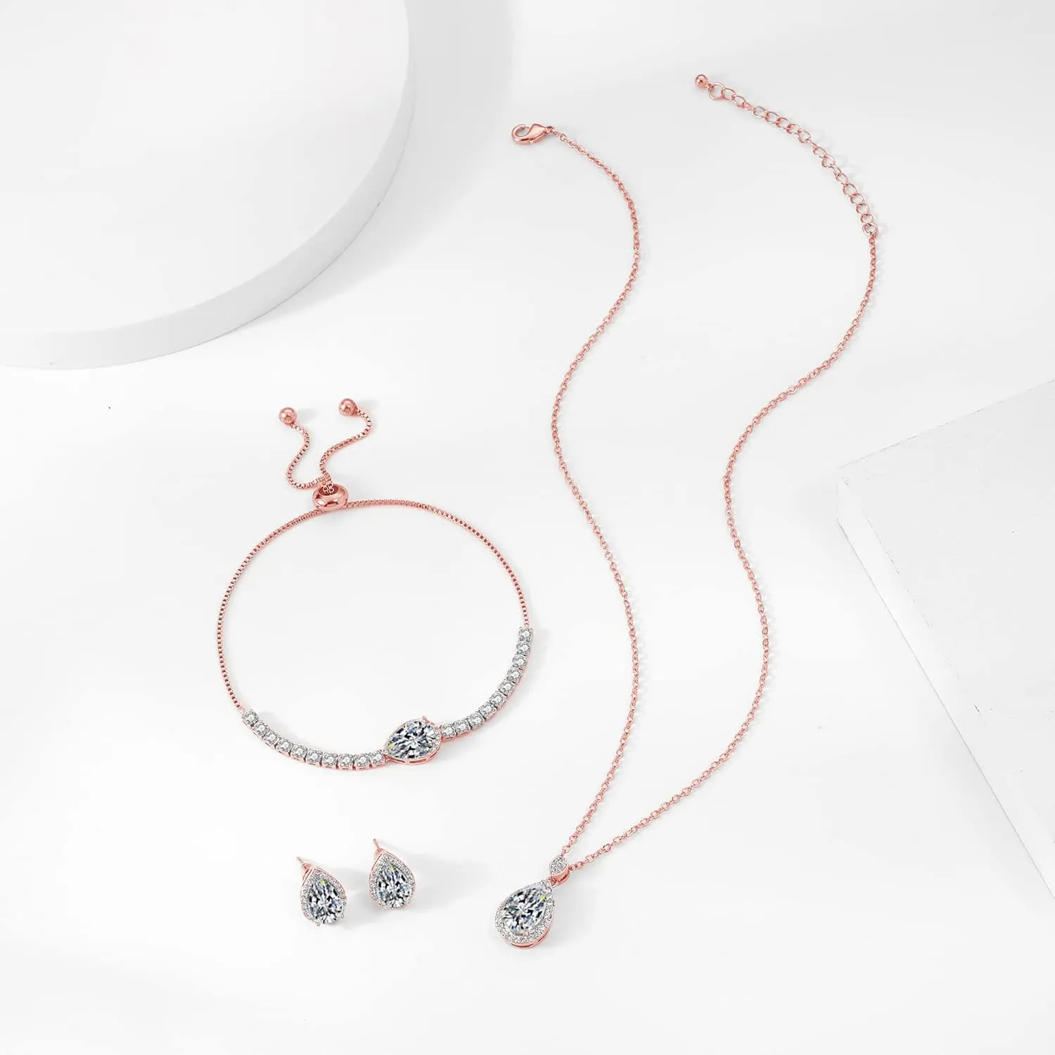 DHQH Cubic Zirconia Teardrop Necklace and Earring Set for Wedding with Crystal Link Bracelet Bridesmaids Jewelry Sets for Women Wedding Party Jewelry for Bridal Bridesmaid