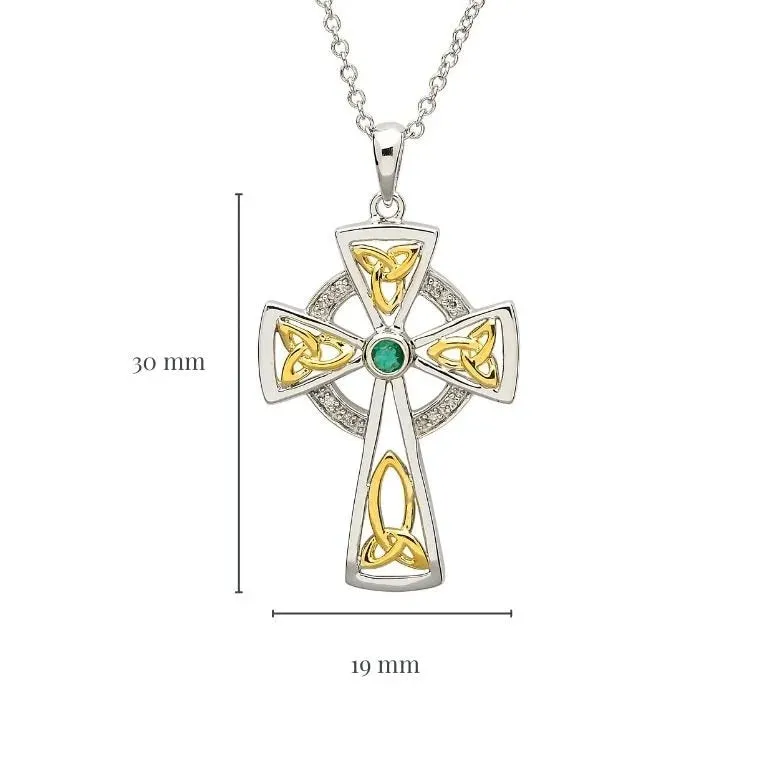 Diamond & Emerald Silver Celtic Cross Pendant