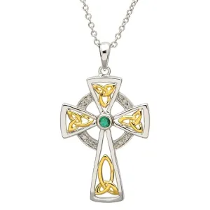 Diamond & Emerald Silver Celtic Cross Pendant