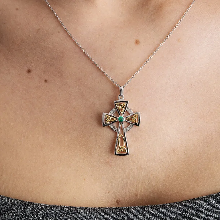 Diamond & Emerald Silver Celtic Cross Pendant