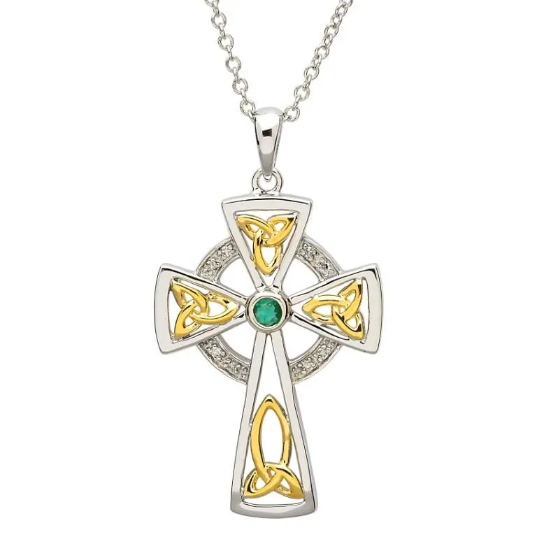 Diamond & Emerald Silver Celtic Cross Pendant
