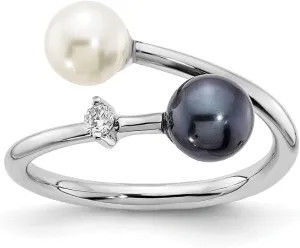 Diamond2Deal 14k White Gold 5-6mm Round Black and White Saltwater Akoya Pearl Diamond Adjustable Ring Size-7