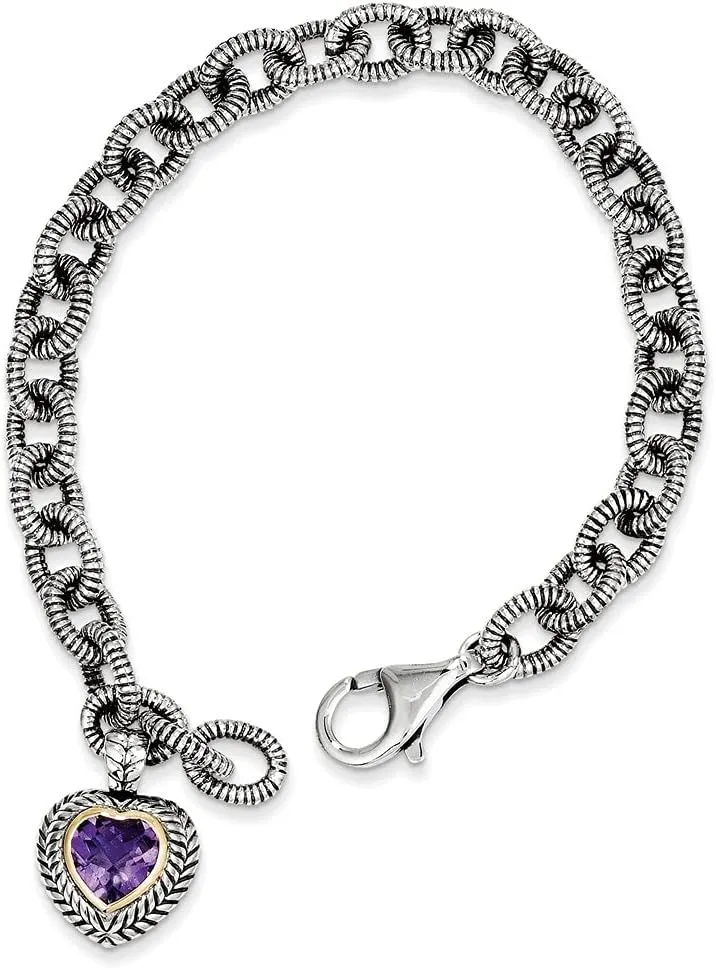 Diamond2Deal Mothers Day Gifts 14k Gold and Sterling Silver Amethyst Heart Link Bracelet for Mom