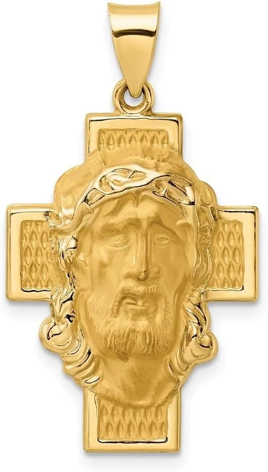 Diamond2Deal Mothers Day Gifts 14K Yellow Gold Polished and Satin Hollow Jesus Face Cross Pendant for Mom
