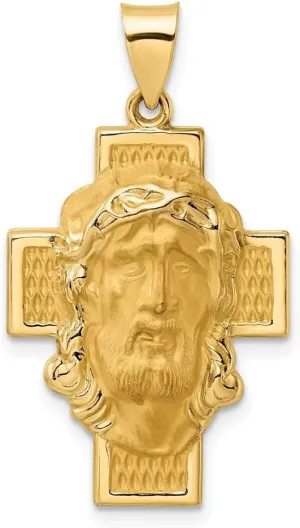 Diamond2Deal Mothers Day Gifts 14K Yellow Gold Polished and Satin Hollow Jesus Face Cross Pendant for Mom