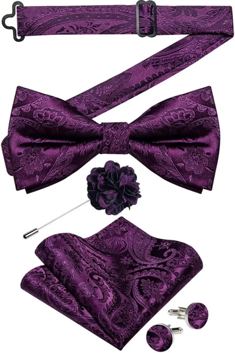 DiBanGu Silk Bow Ties for Men Paisley Pre-tied Bowtie and Pocket Square Cufflinks Lapel Pin Set Wedding Party Formal