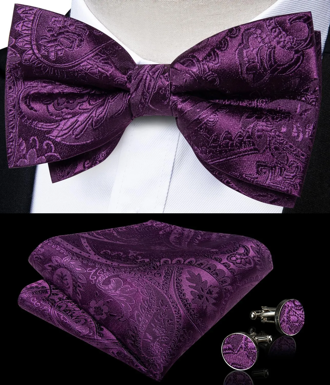 DiBanGu Silk Bow Ties for Men Paisley Pre-tied Bowtie and Pocket Square Cufflinks Lapel Pin Set Wedding Party Formal