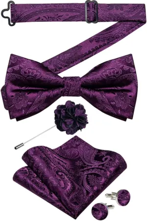 DiBanGu Silk Bow Ties for Men Paisley Pre-tied Bowtie and Pocket Square Cufflinks Lapel Pin Set Wedding Party Formal
