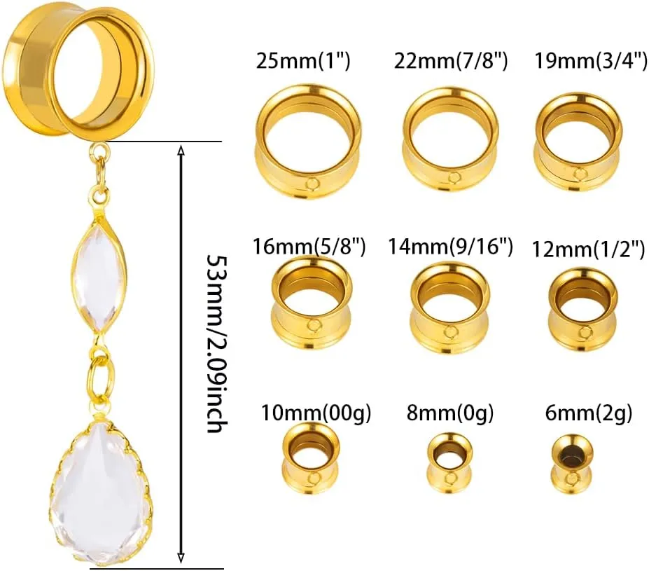 DOEARKO 2PCS Ear Tunnels with Classy Crystals Chain Dangle Gauges Plugs Stretcher Pair Selling Size 2g-1inch Piercing Body Jewelry