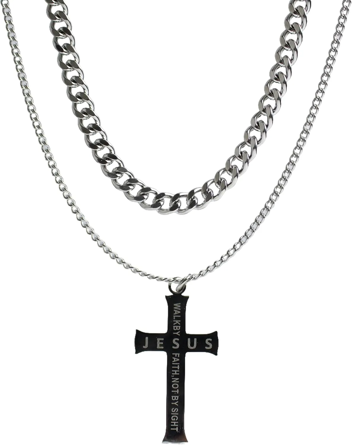 Double Layer Cross Necklace, 316L Stainless Steel Cuban Chain with Jesus Cross Pendant, Religious Jewelry