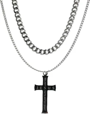 Double Layer Cross Necklace, 316L Stainless Steel Cuban Chain with Jesus Cross Pendant, Religious Jewelry