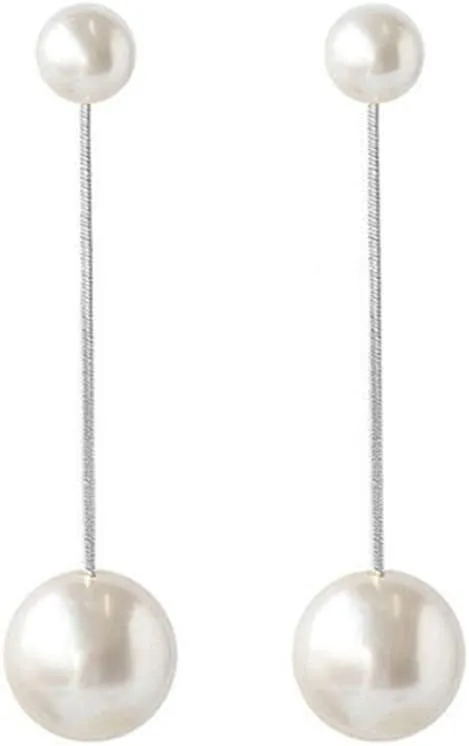 Double Pearls Ear Jacket Dangle Earrings Sterling Silver Pin Charm Earring Set 2 in 1 Long Chain Threader Tassel Drop Studs Elegant Birthday Wedding Jewelry Gifts for Women Fashion Jewelry Hypoallergenic