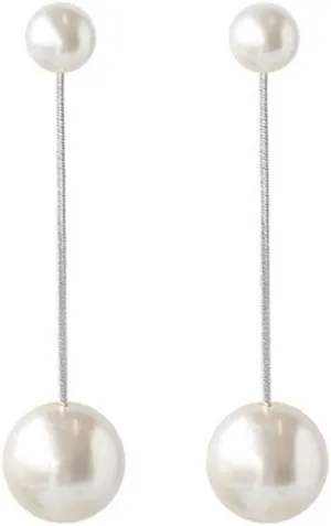 Double Pearls Ear Jacket Dangle Earrings Sterling Silver Pin Charm Earring Set 2 in 1 Long Chain Threader Tassel Drop Studs Elegant Birthday Wedding Jewelry Gifts for Women Fashion Jewelry Hypoallergenic