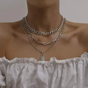 Doubnine Lock Rhinestone Layered Necklace Chunky Curb Chain Choker Punk for Women Jewelry (silver)