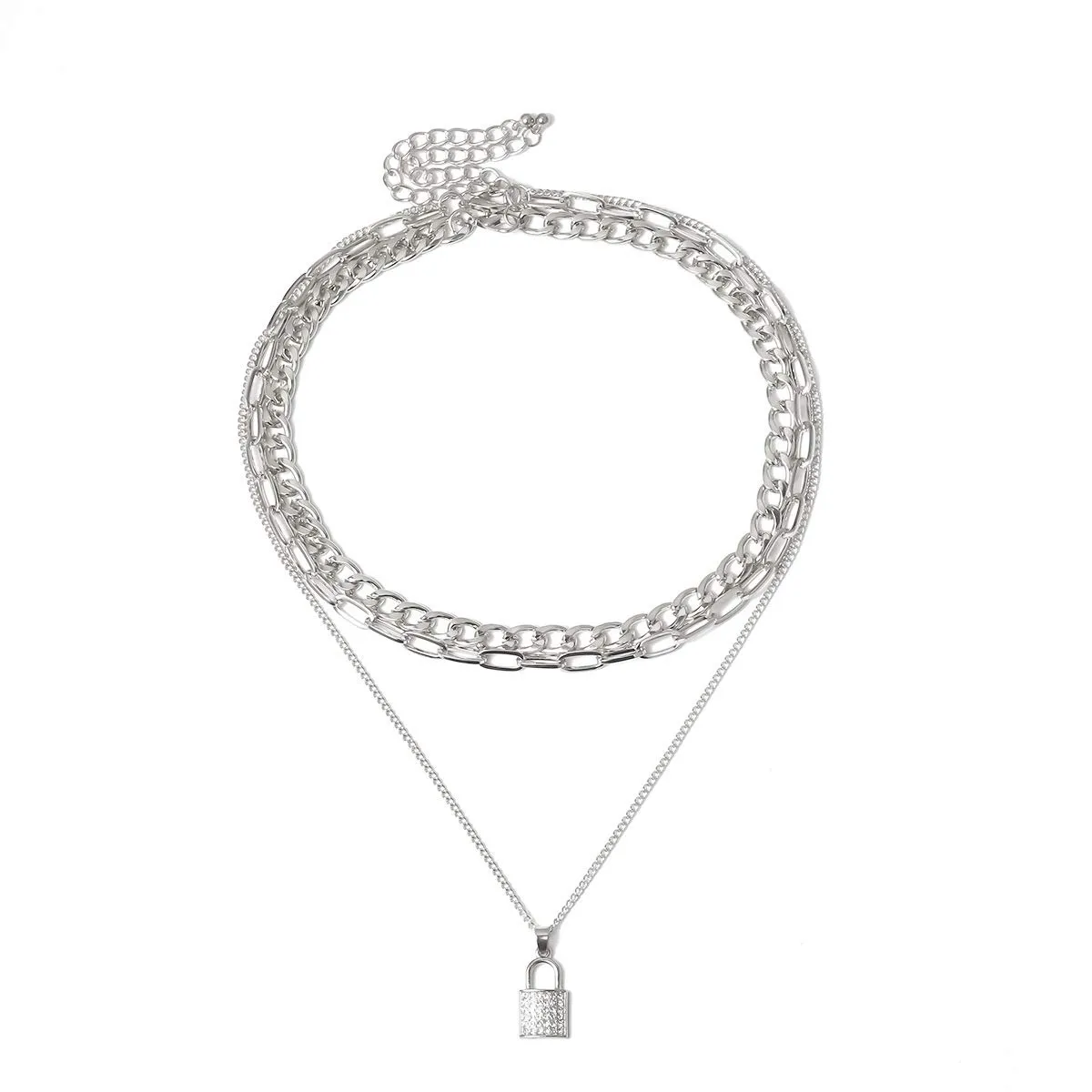 Doubnine Lock Rhinestone Layered Necklace Chunky Curb Chain Choker Punk for Women Jewelry (silver)