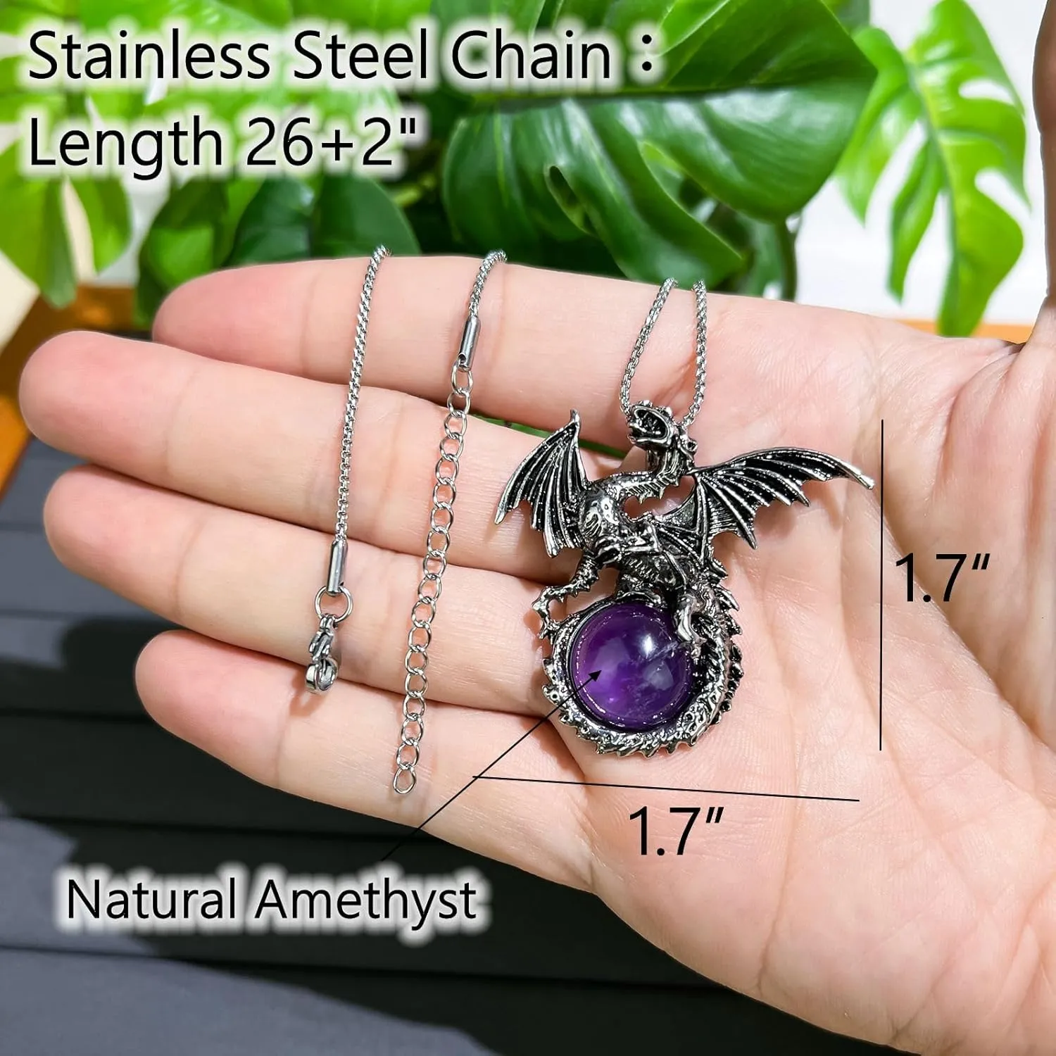 Dragon Necklace - Unique Crystal & Gemstone Pendant for Men & Women - Silver Dinosaur Jewelry Gift