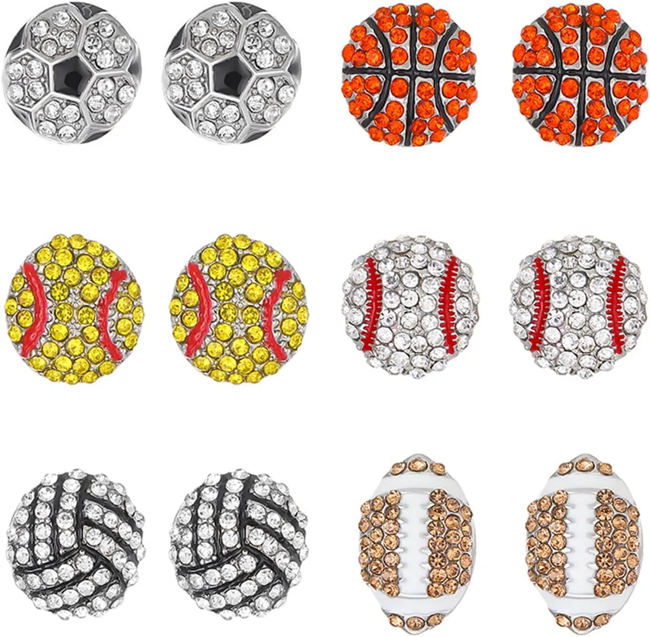Dreuyet 6 Pair Sport Ball Stud Earrings Rhinestone Crystal Baseball Basketball Volleyball Football Rugby Shiny Sport Earrings for Women Sport Fans