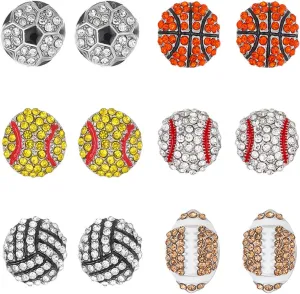 Dreuyet 6 Pair Sport Ball Stud Earrings Rhinestone Crystal Baseball Basketball Volleyball Football Rugby Shiny Sport Earrings for Women Sport Fans