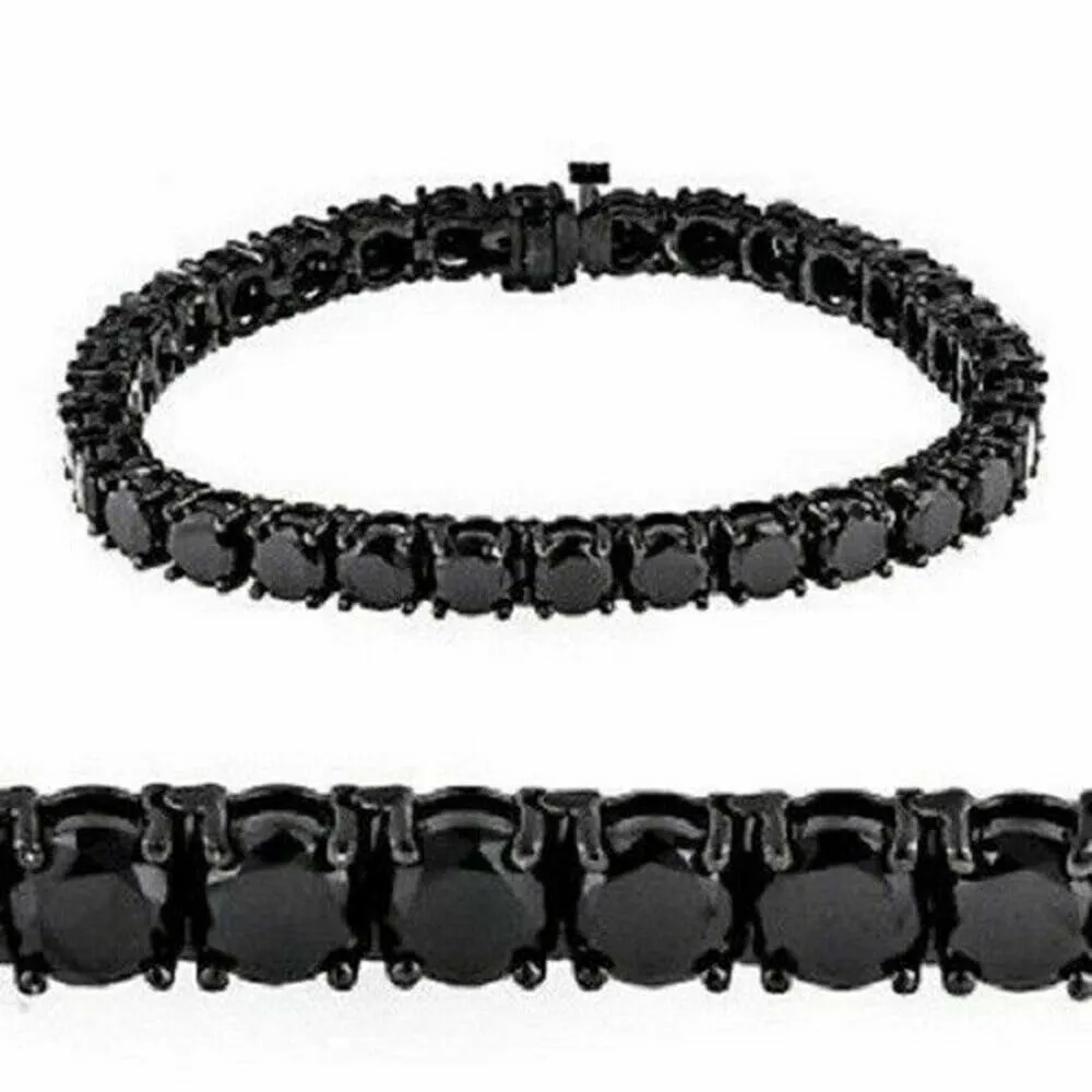 Drizzle Jewels Black Diamond Tennis Bracelet for Men & Women, 10Ct Round Cut Lab Created Black Diamond 14K Black Gold Plated Serling Silver 925 (9, Black)