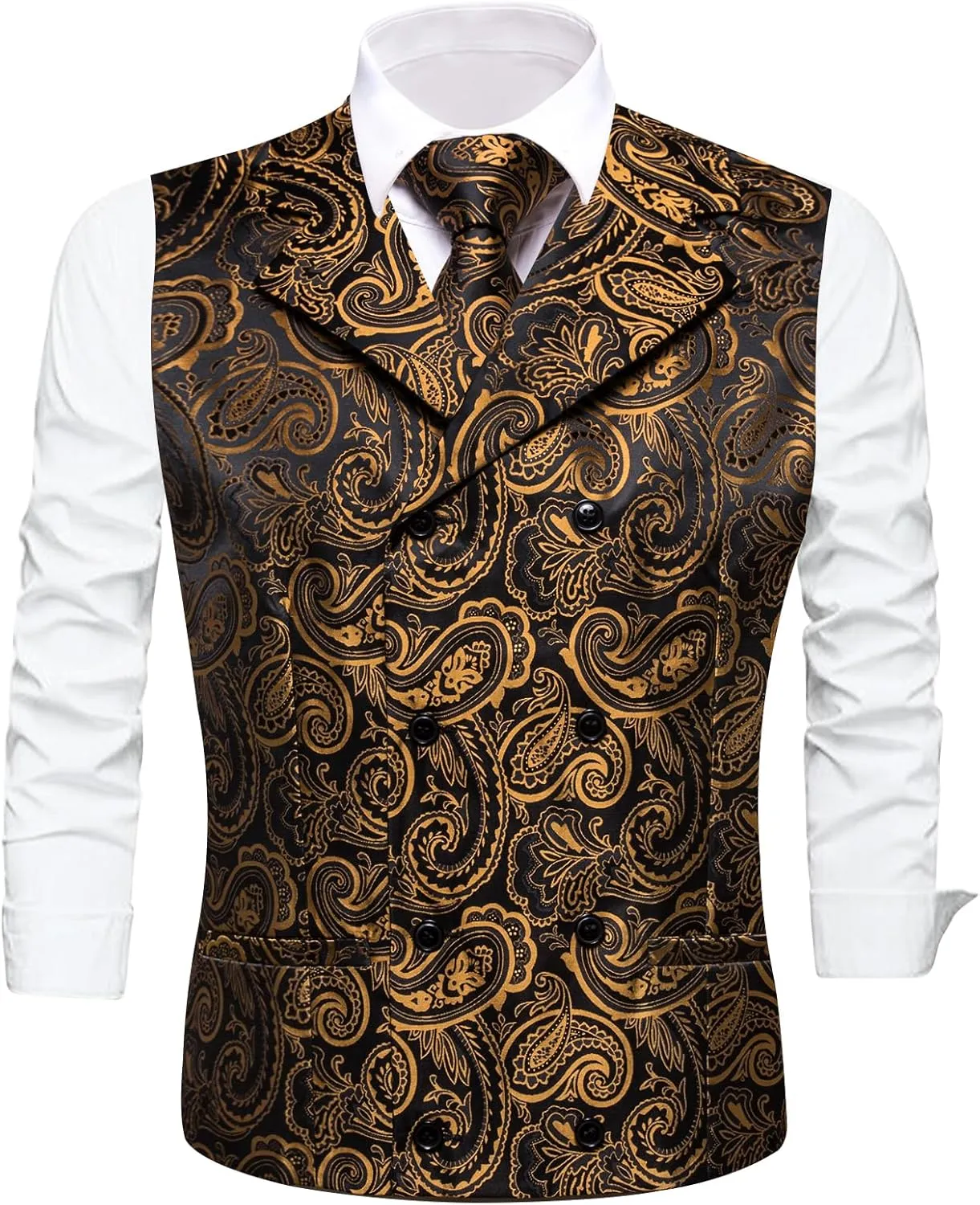 Dubulle Mens Double Breast Suit Vest Floral Paisley Vest and Tie for Men Pocket Square Cufflinks Wedding