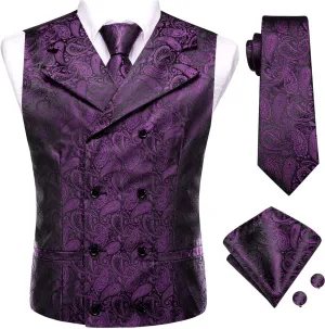 Dubulle Mens Double Breast Suit Vest Floral Paisley Vest and Tie for Men Pocket Square Cufflinks Wedding