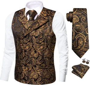 Dubulle Mens Double Breast Suit Vest Floral Paisley Vest and Tie for Men Pocket Square Cufflinks Wedding