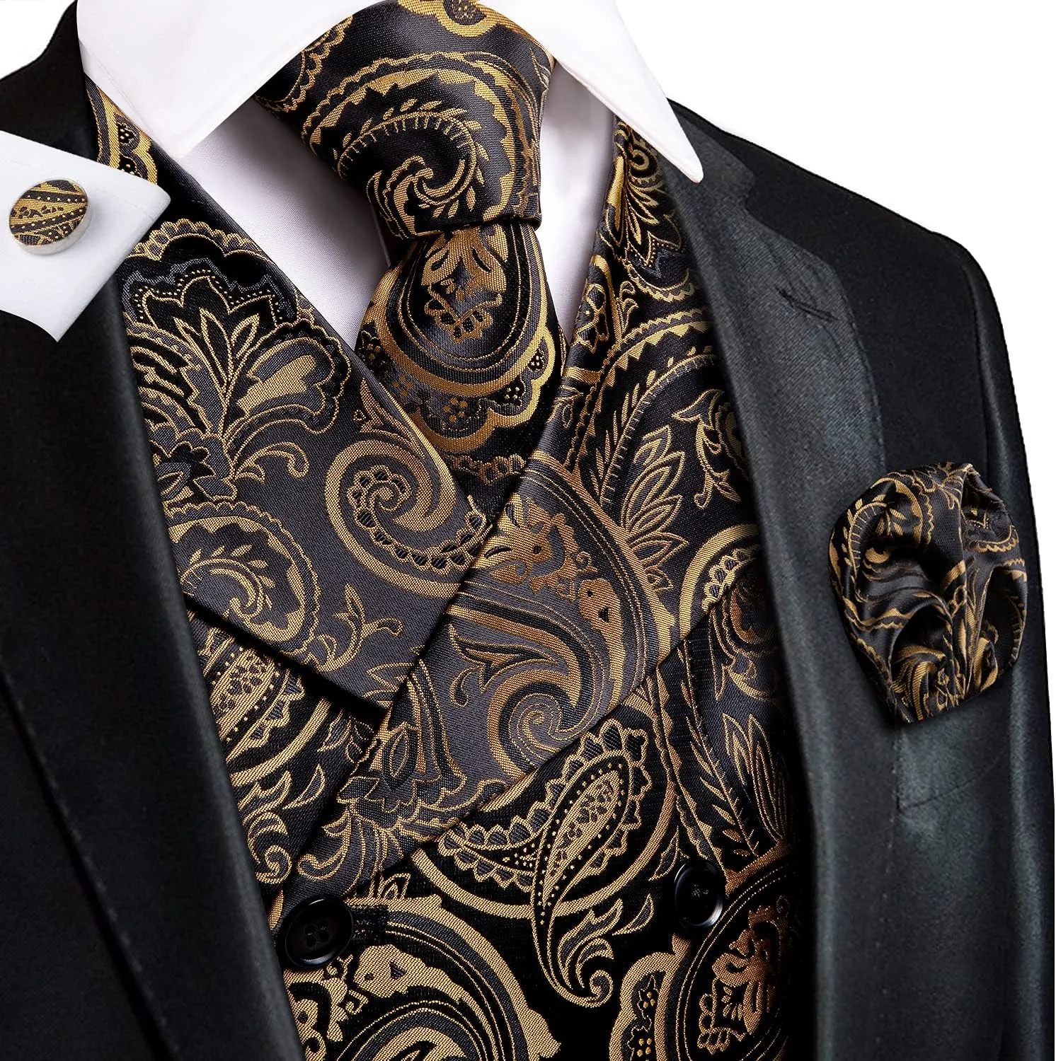 Dubulle Mens Double Breast Suit Vest Floral Paisley Vest and Tie for Men Pocket Square Cufflinks Wedding