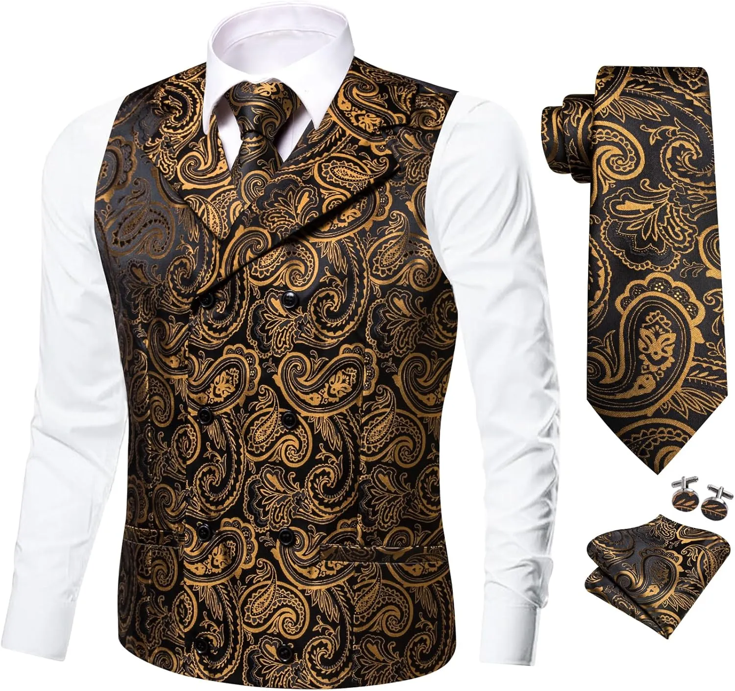Dubulle Mens Double Breast Suit Vest Floral Paisley Vest and Tie for Men Pocket Square Cufflinks Wedding