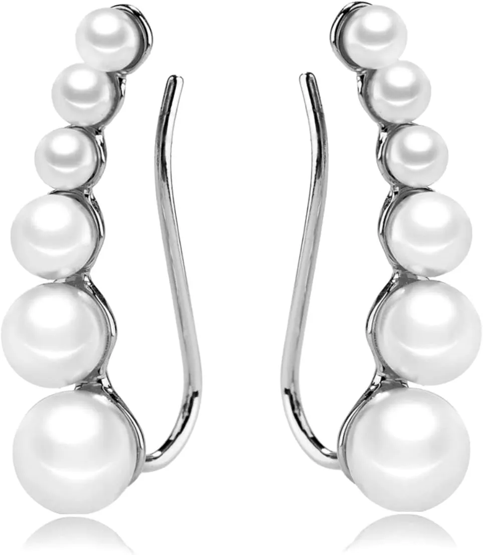 Ear Crawler Earrings Climbers Pearl Cuff Earrings Pin Vine Wrap Studs Earrings Jewelry for Women (White gold)