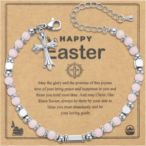 Easter Basket Stuffers for Teens Girls: Cross Bracelet Gift Ideas - Tiny Gemstone Jewelry Beads for Women Kids Daughter Niece Granddaughter - Trendy Cute Beaded Christian Card