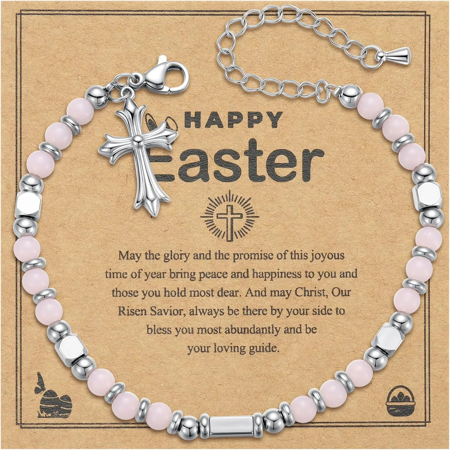 Easter Basket Stuffers for Teens Girls: Cross Bracelet Gift Ideas - Tiny Gemstone Jewelry Beads for Women Kids Daughter Niece Granddaughter - Trendy Cute Beaded Christian Card