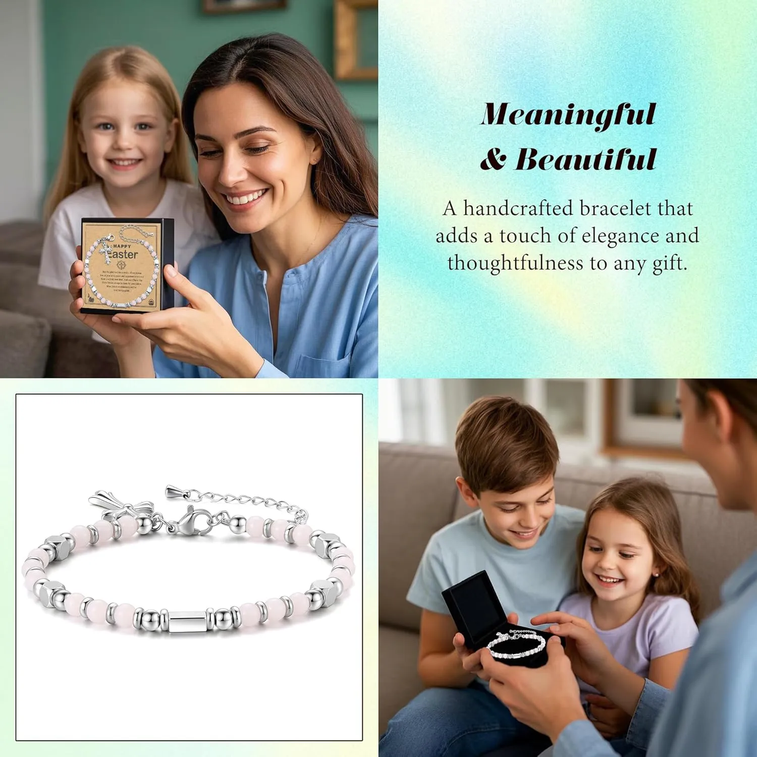Easter Basket Stuffers for Teens Girls: Cross Bracelet Gift Ideas - Tiny Gemstone Jewelry Beads for Women Kids Daughter Niece Granddaughter - Trendy Cute Beaded Christian Card