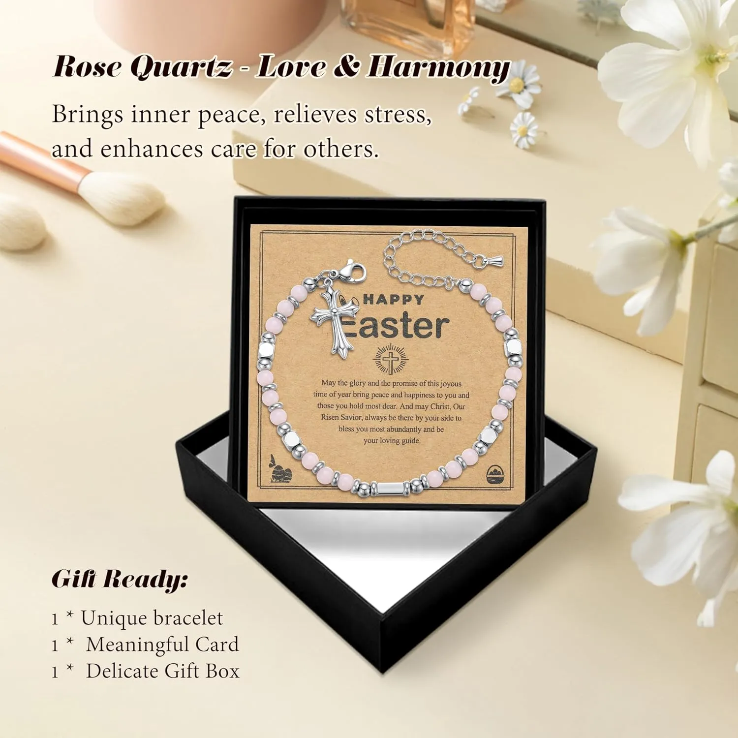 Easter Basket Stuffers for Teens Girls: Cross Bracelet Gift Ideas - Tiny Gemstone Jewelry Beads for Women Kids Daughter Niece Granddaughter - Trendy Cute Beaded Christian Card
