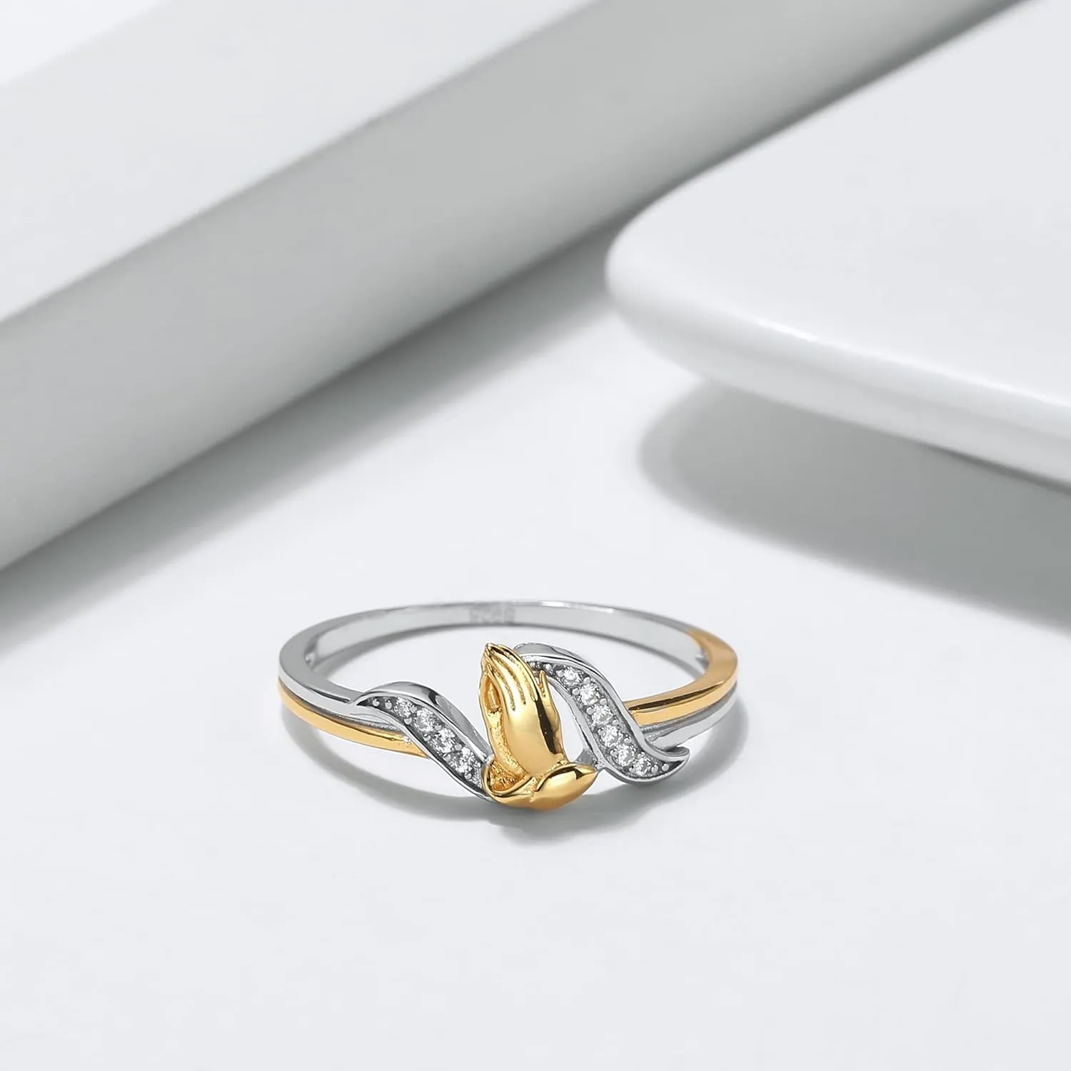 Easter Praying Hands Ring for Women by Ginger Lyne | Lord's Serenity Prayer Ring for Men | Christian Jesus Purity for Her | 14Kt Gold Over Sterling Silver Cubic Zirconia Religious Jewelry