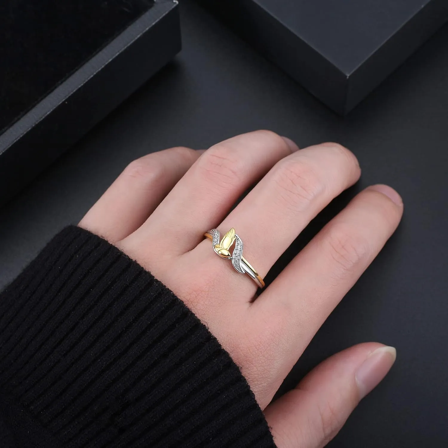 Easter Praying Hands Ring for Women by Ginger Lyne | Lord's Serenity Prayer Ring for Men | Christian Jesus Purity for Her | 14Kt Gold Over Sterling Silver Cubic Zirconia Religious Jewelry