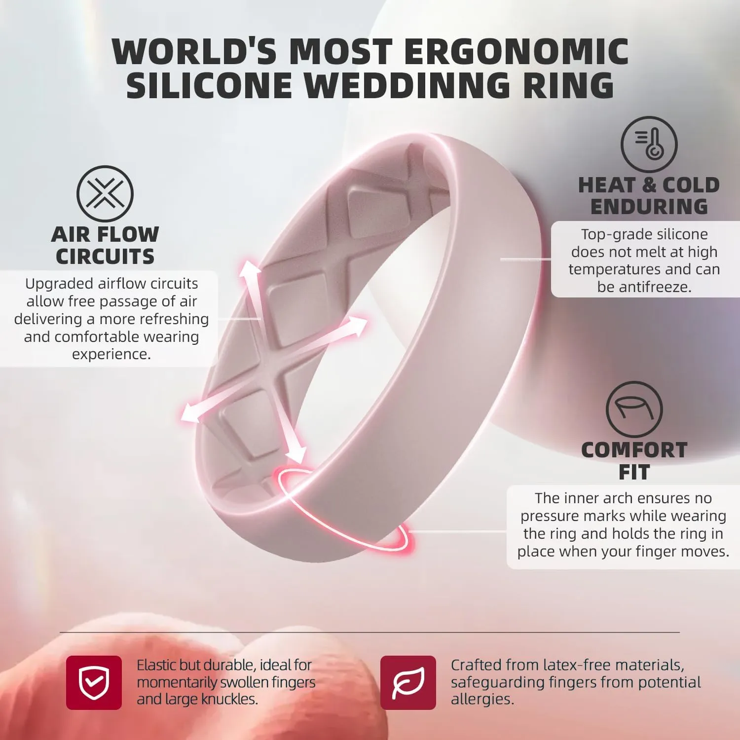 Egnaro Inner Arc Ergonomic Breathable Design, Silicone Rings for Women with half sizes, Women's Silicone Wedding Band5.5mm Wide-2mm Thick