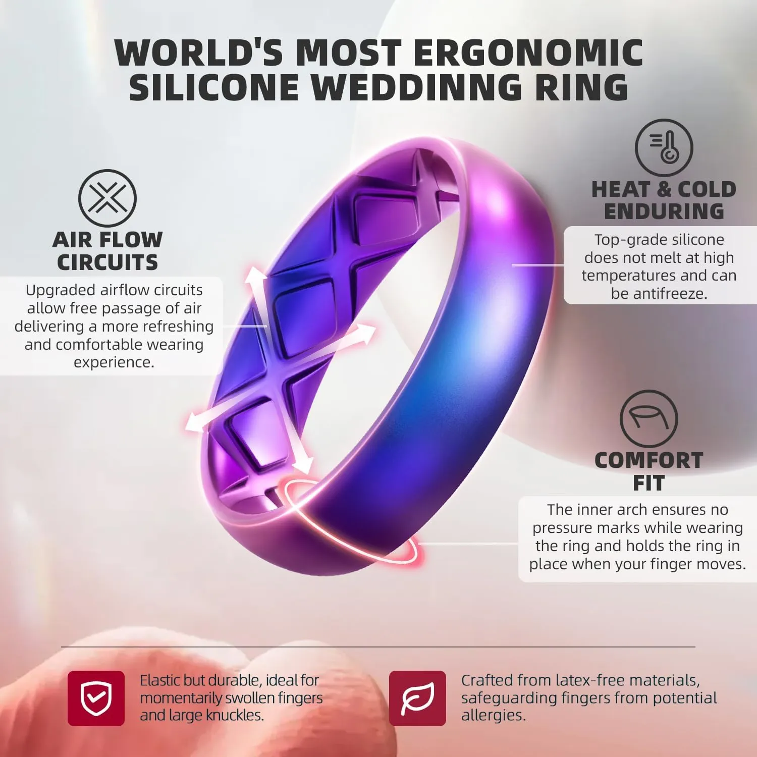 Egnaro Inner Arc Ergonomic Breathable Design, Silicone Rings for Women with half sizes, Women's Silicone Wedding Band5.5mm Wide-2mm Thick