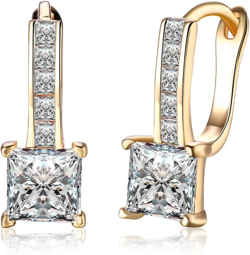 Elegant 18K Yellow Gold Plated Cubic Zirconia Hoop Earrings Earring For Womens Dainty Princess Cut Daimond Crystal Huggie Hoops Hypoallergenic Fashion Jewelry Nice Gift (Zircon)