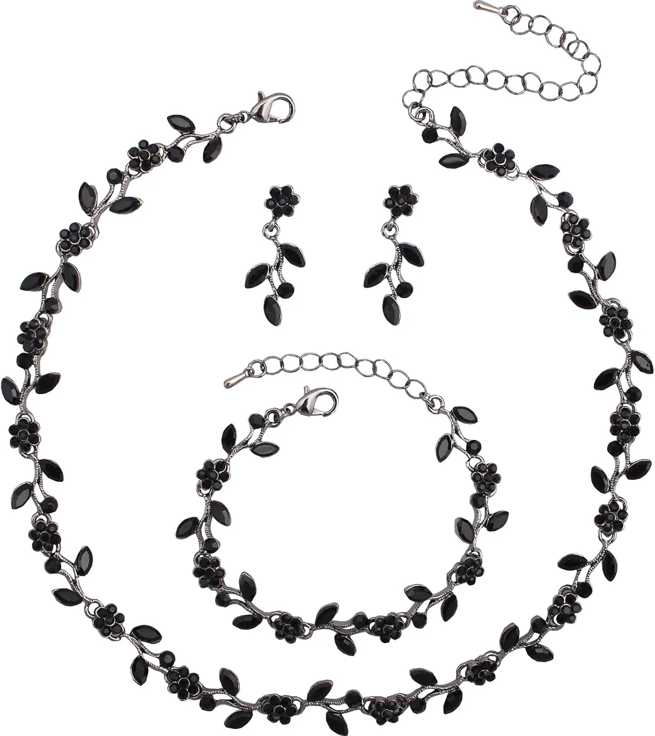 Elegant Bridal Bridesmaid Marquise Austrian Crystal Rhinestone Flower Leaf Choker Necklace Dangle Earrings Tennis Bracelet Jewelry Sets for Party Prom