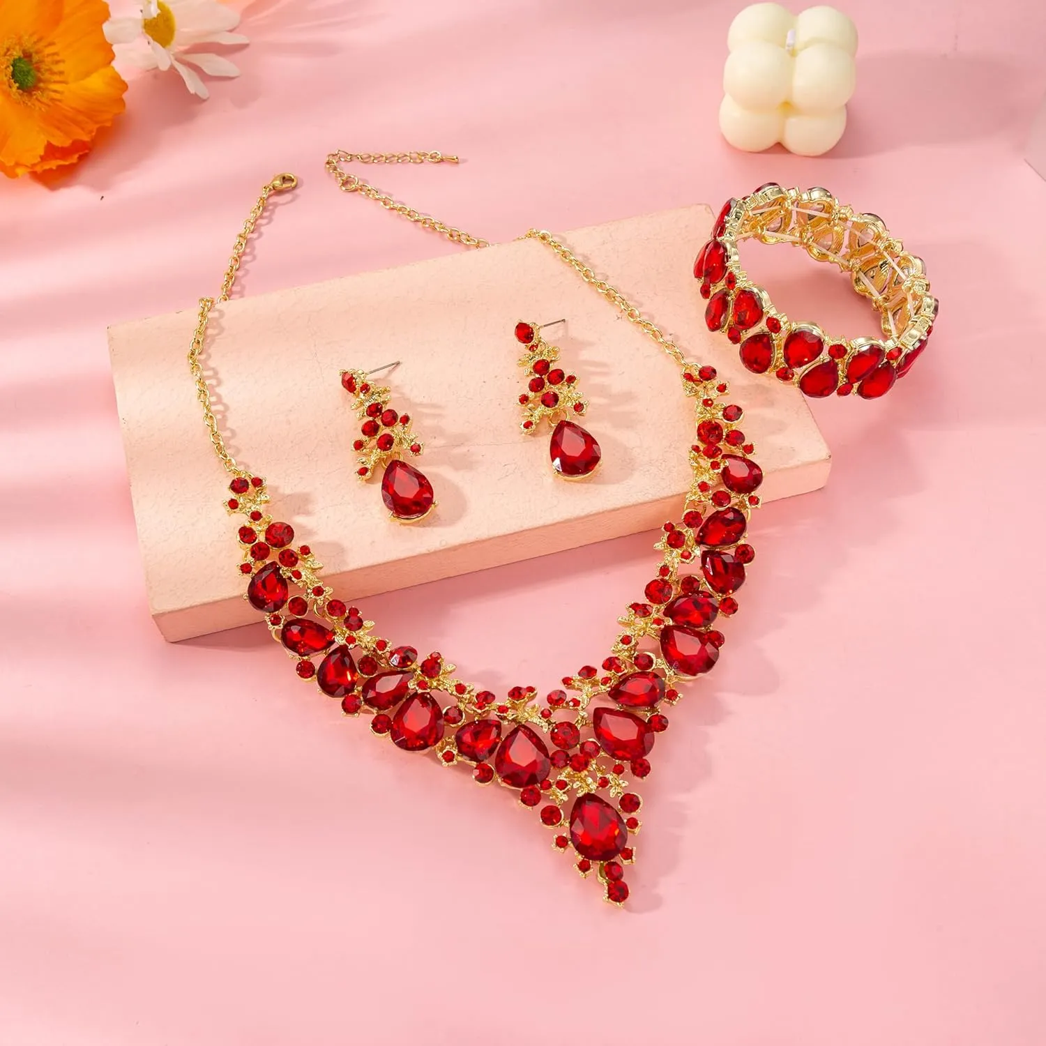 Elegant Bridal Wedding Jewelry Set for Women/Brides/Bridesmaids Teardrop Crystal Leaf Cluster Jewelry Set for Wedding Prom Party Bridal Bridesmaids Rhinestone Crystal Necklace Earrings Bracelet Set