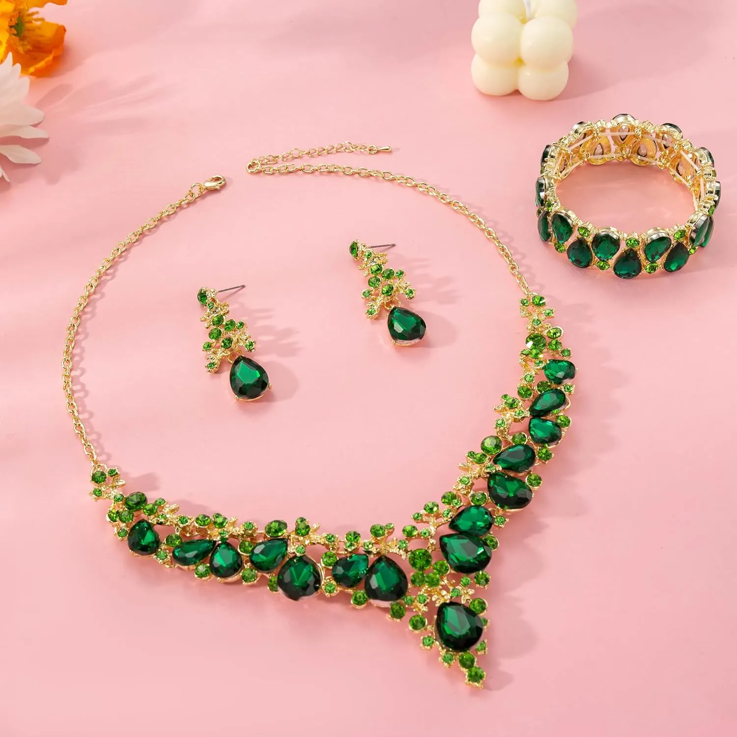 Elegant Bridal Wedding Jewelry Set for Women/Brides/Bridesmaids Teardrop Crystal Leaf Cluster Jewelry Set for Wedding Prom Party Bridal Bridesmaids Rhinestone Crystal Necklace Earrings Bracelet Set