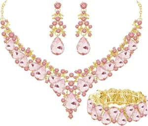 Elegant Bridal Wedding Jewelry Set for Women/Brides/Bridesmaids Teardrop Crystal Leaf Cluster Jewelry Set for Wedding Prom Party Bridal Bridesmaids Rhinestone Crystal Necklace Earrings Bracelet Set