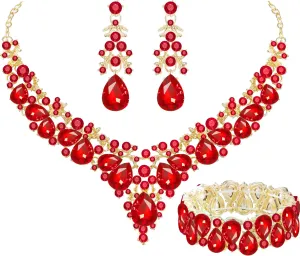 Elegant Bridal Wedding Jewelry Set for Women/Brides/Bridesmaids Teardrop Crystal Leaf Cluster Jewelry Set for Wedding Prom Party Bridal Bridesmaids Rhinestone Crystal Necklace Earrings Bracelet Set