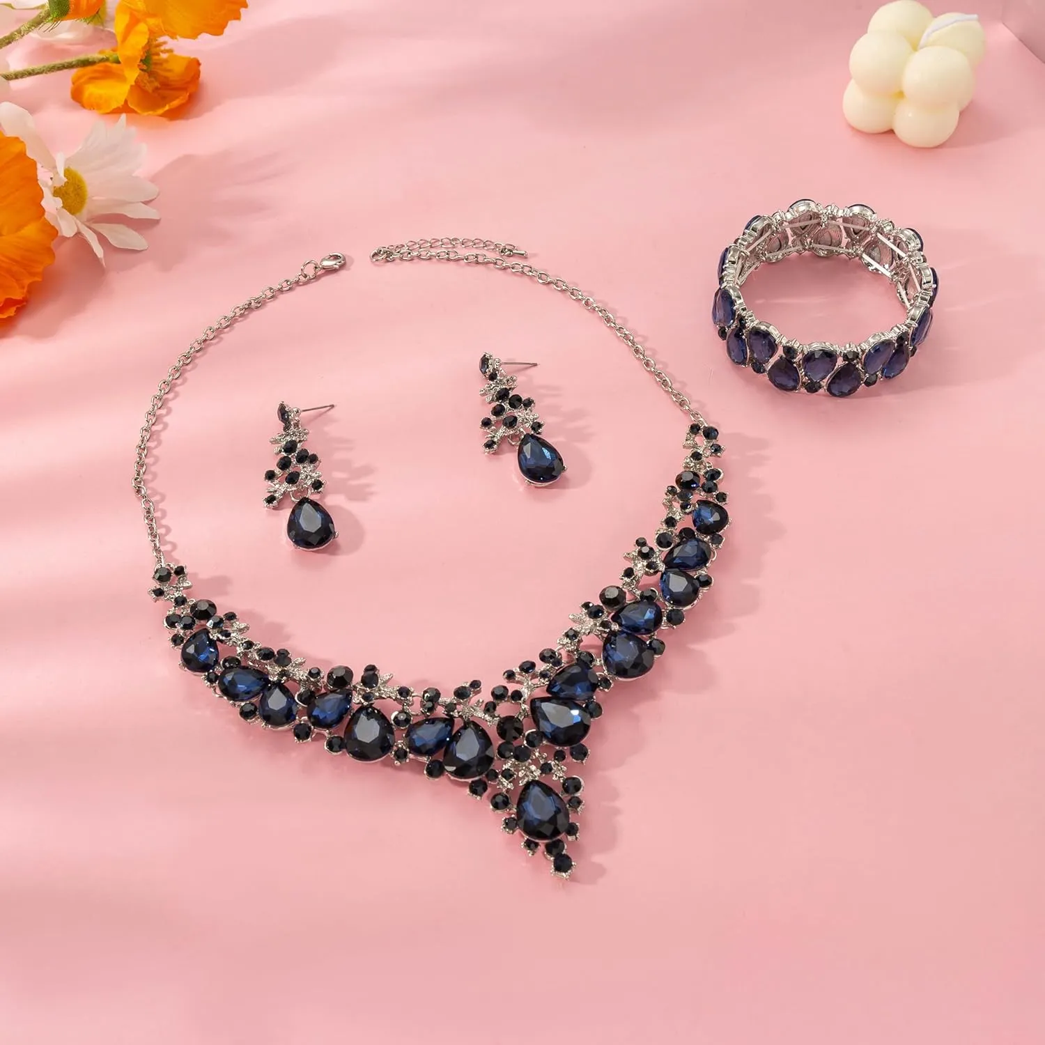 Elegant Bridal Wedding Jewelry Set for Women/Brides/Bridesmaids Teardrop Crystal Leaf Cluster Jewelry Set for Wedding Prom Party Bridal Bridesmaids Rhinestone Crystal Necklace Earrings Bracelet Set