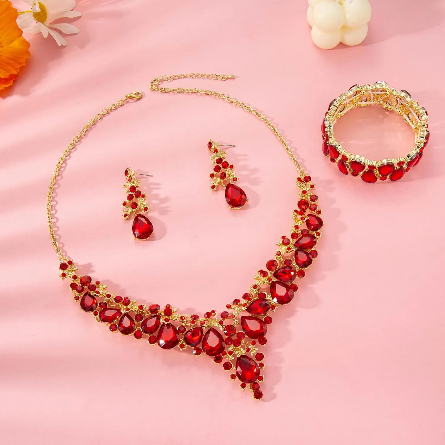 Elegant Bridal Wedding Jewelry Set for Women/Brides/Bridesmaids Teardrop Crystal Leaf Cluster Jewelry Set for Wedding Prom Party Bridal Bridesmaids Rhinestone Crystal Necklace Earrings Bracelet Set