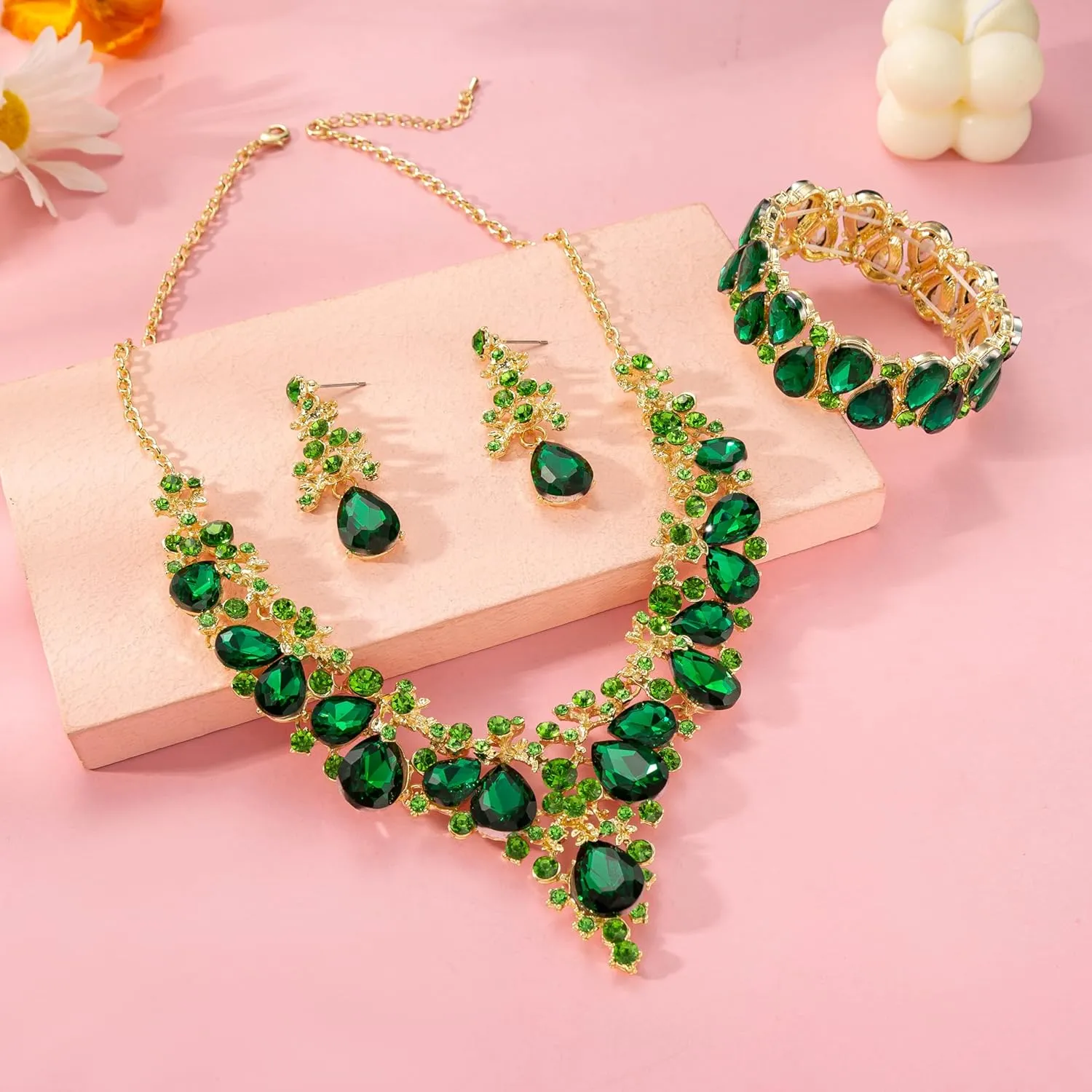 Elegant Bridal Wedding Jewelry Set for Women/Brides/Bridesmaids Teardrop Crystal Leaf Cluster Jewelry Set for Wedding Prom Party Bridal Bridesmaids Rhinestone Crystal Necklace Earrings Bracelet Set