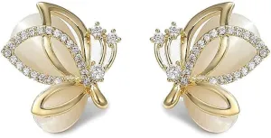 Elegant CZ Butterfly Earrings Crystal Cat's Eye Stud for Women Gold-Tone 925 Sterling Silver Post Pin Hypoallergenic Piercing Jewelry Dainty Wedding Birthday Prom Party Gifts