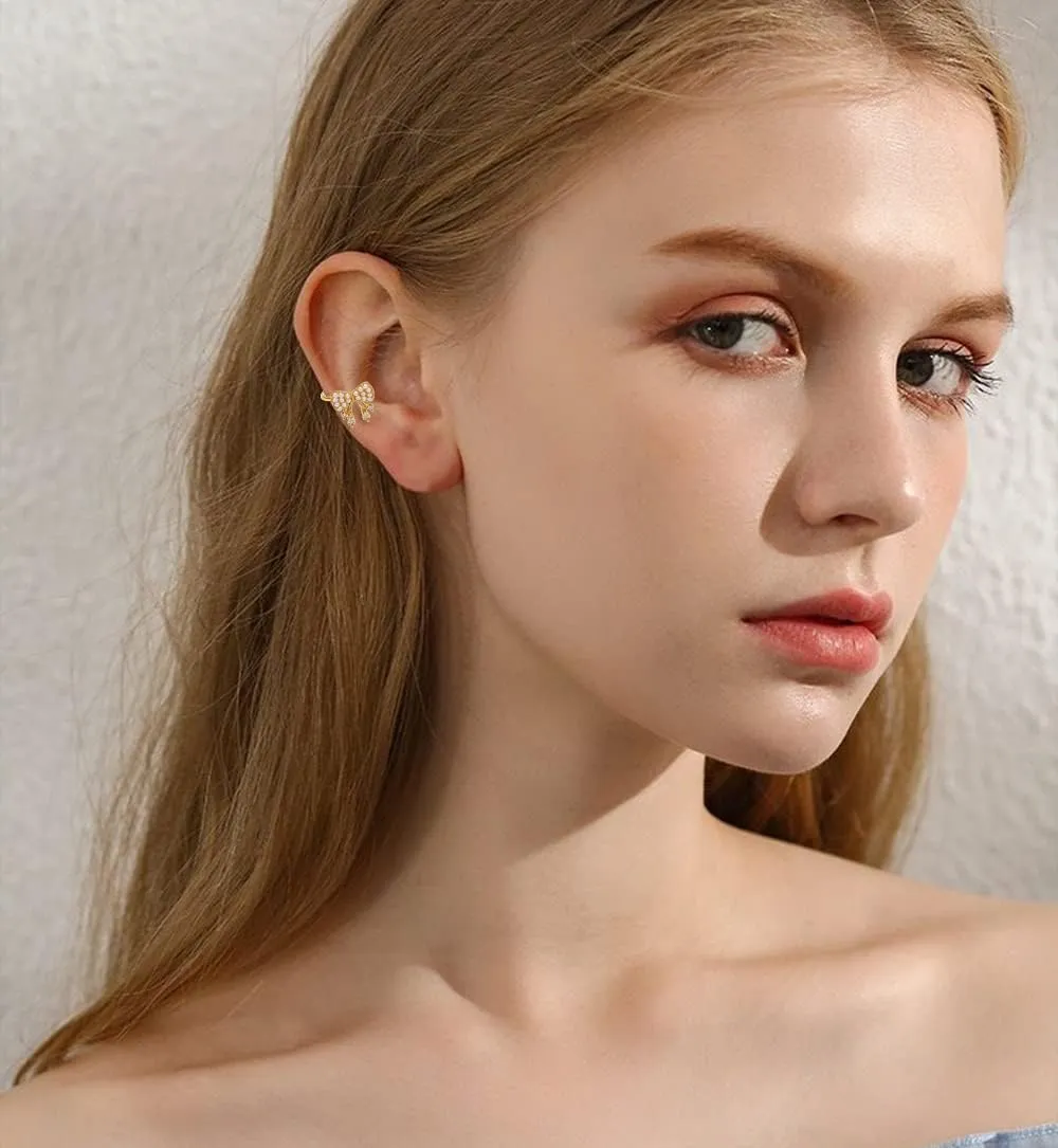 Elegant Ear Cuff Bow Knot Cartilage Earring Cubic Zirconia Crystal Faux Pearl Bowknot Non Pierced Cuffs Clip On Wrap Earrings Fake Huggie Hoops Cute Jewelry Gifts for Women Christmas
