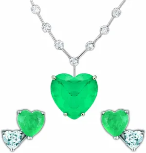 Elegant Jewelry Set for Women - 925 Sterling Silver Simulated Paraiba Tourmaline | Blue Emerald Heart Clear Gemstone Pendant Necklace and Stud Earrings